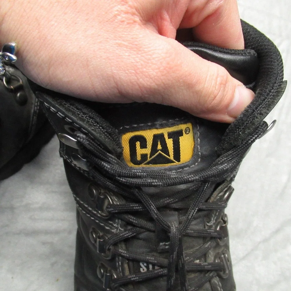 Caterpillar Men 10.5M‎ Wide Work Boots Black Steel Toe Leather Rugged Waterproof